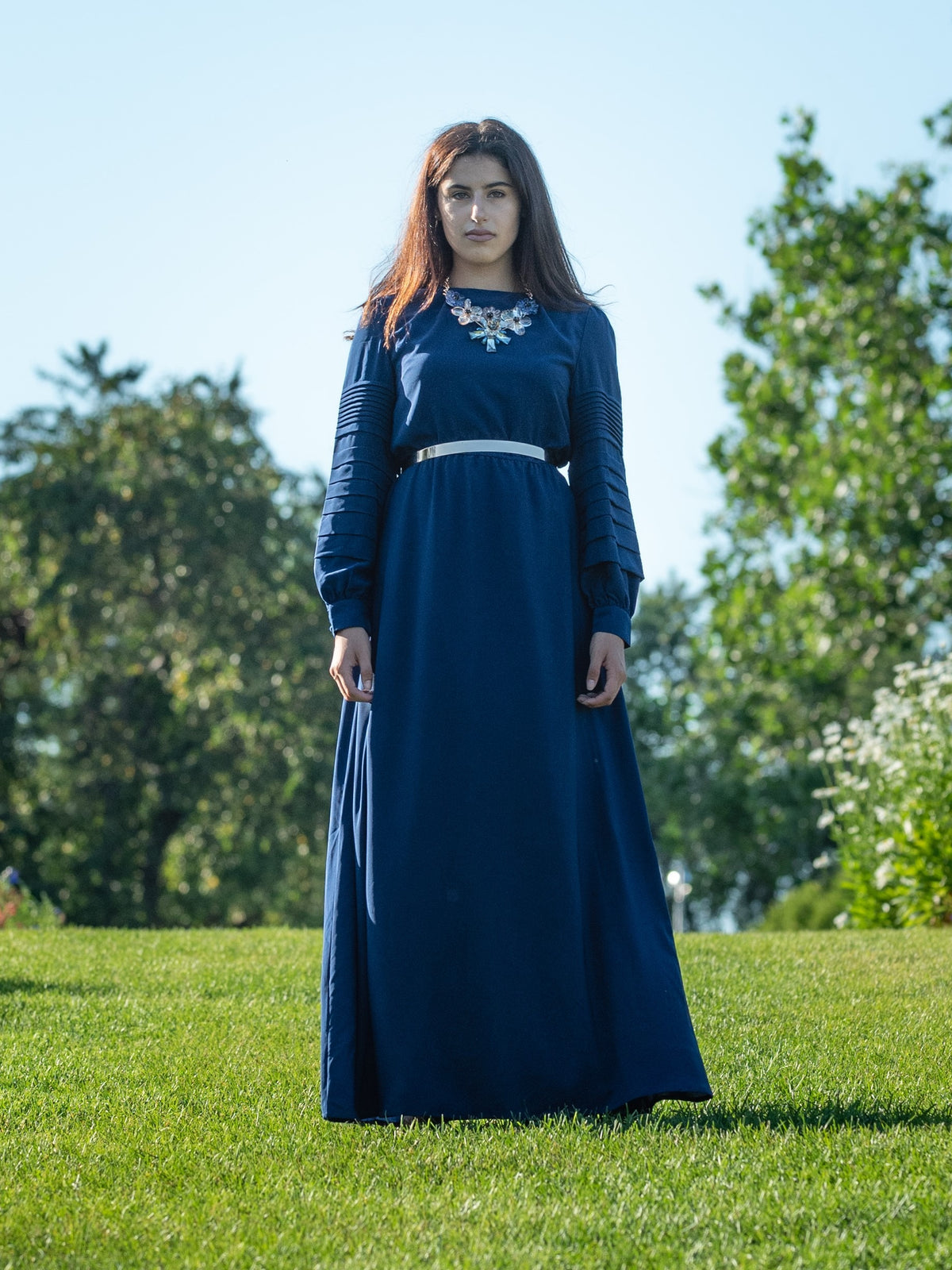 Pleated Sleeve Maxi Dress|